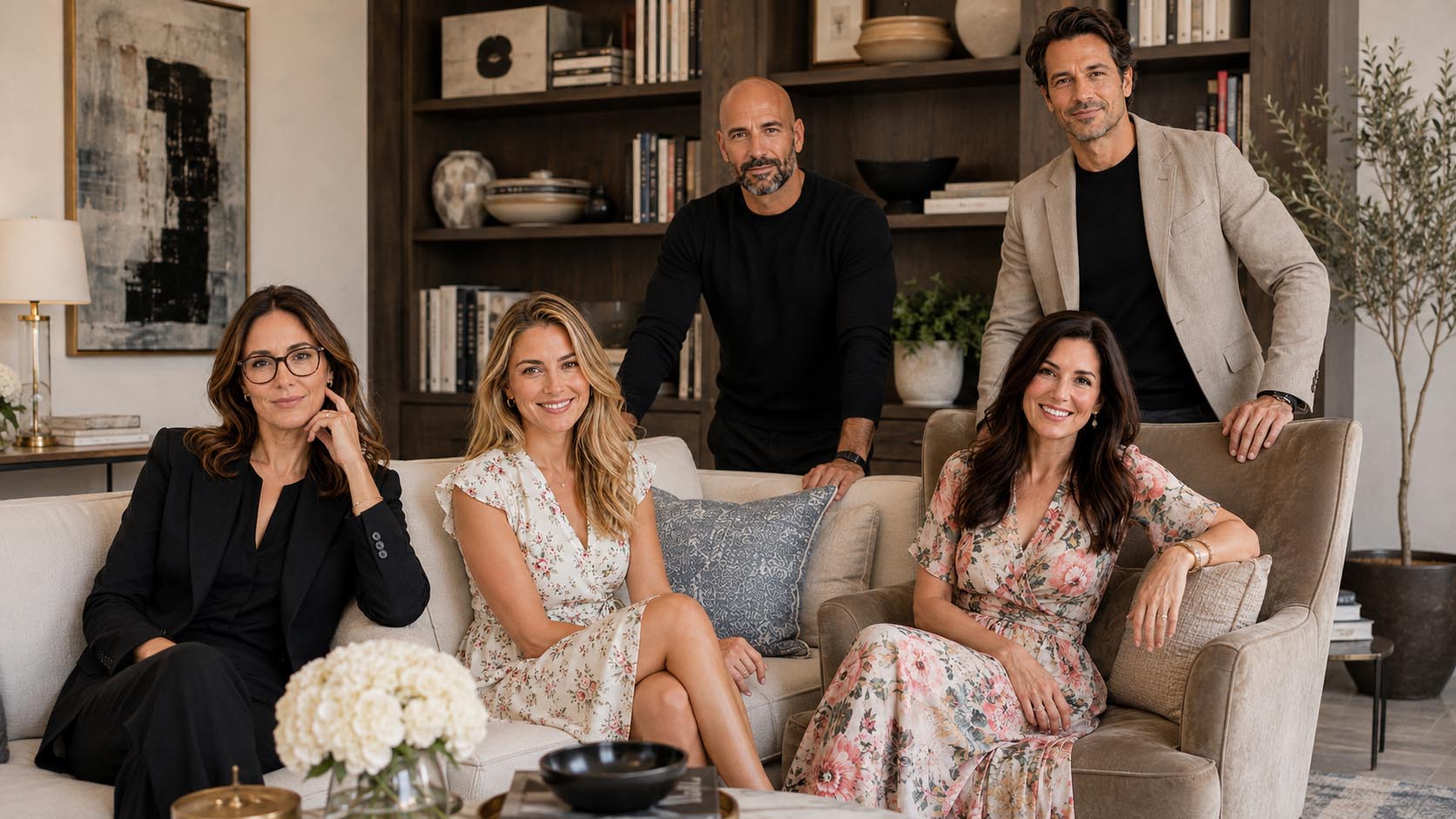 Four people posing together in a stylish, modern living room with bookshelves and neutral-toned furniture. Two women are seated on a light beige sofa, and two men are standing behind them, all dressed in smart casual attire.