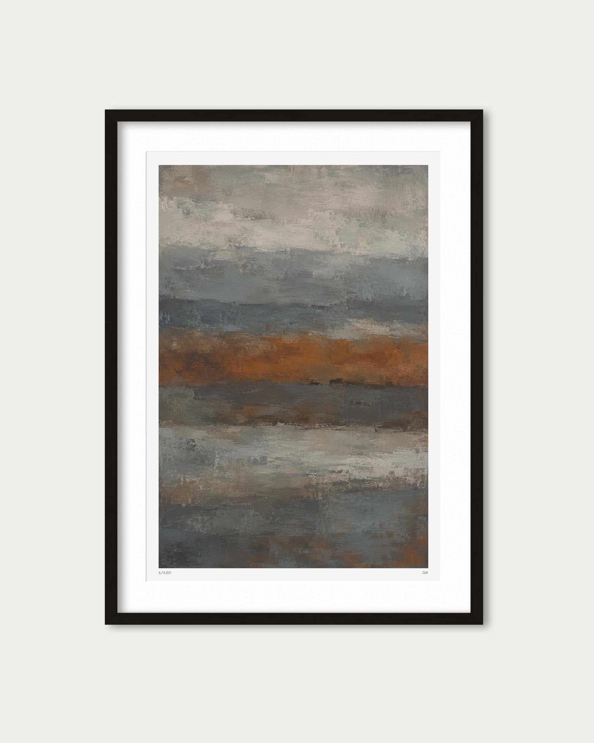 A framed abstract landscape art print featuring textured horizontal bands of gray, slate blue, and rust orange, presented in a black frame with a white mat against a light beige wall.
