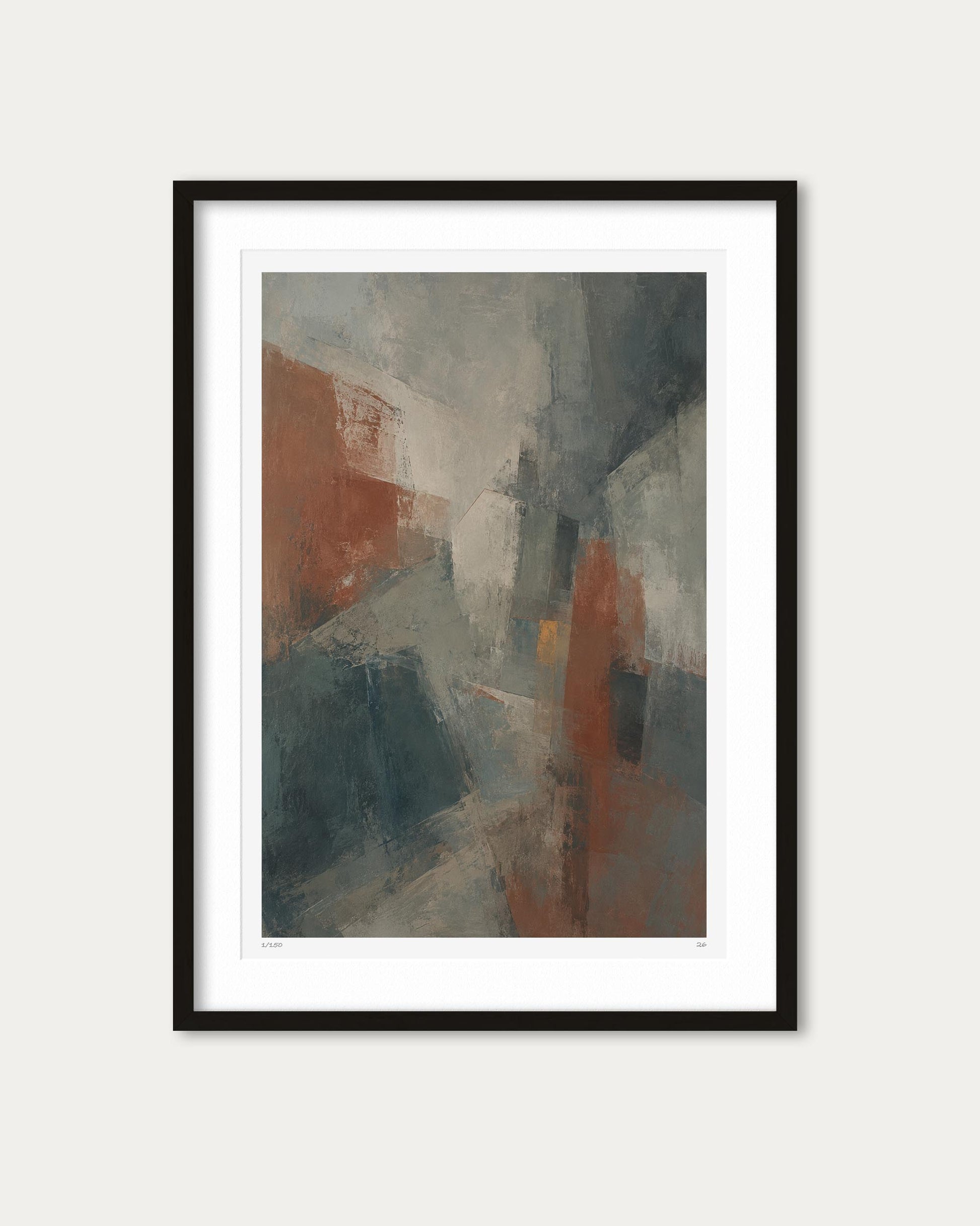 A framed abstract art print featuring a modern composition of gray, slate blue, and terracotta orange brushstrokes, presented in a black frame with a white mat against a light gray background.