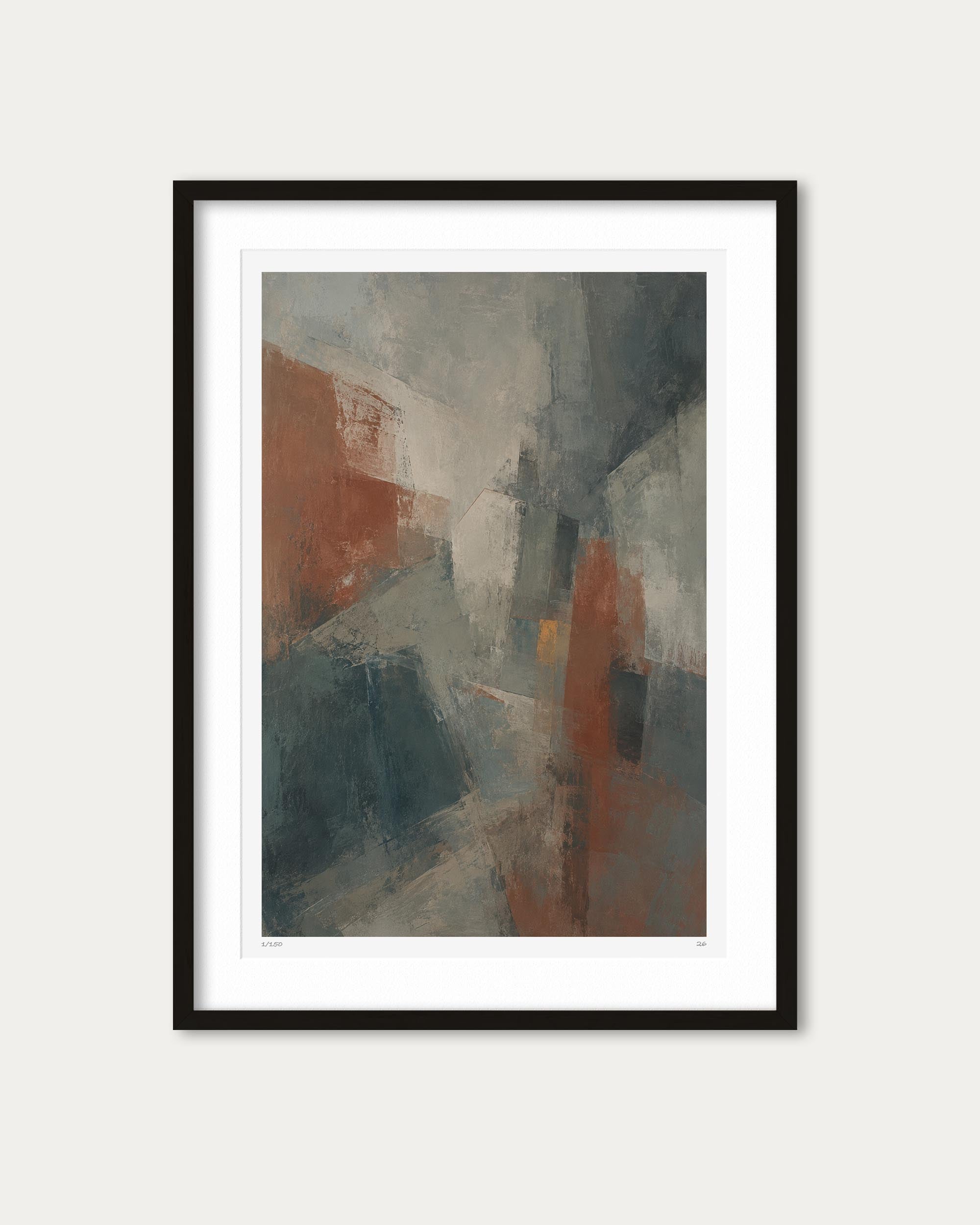 A framed abstract art print featuring a modern composition of gray, slate blue, and terracotta orange brushstrokes, presented in a black frame with a white mat against a light gray background.