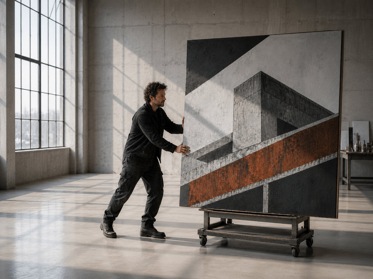A man in a black outfit pushes a large abstract canvas painting on a wheeled display cart in a bright, modern concrete-walled studio with large windows.