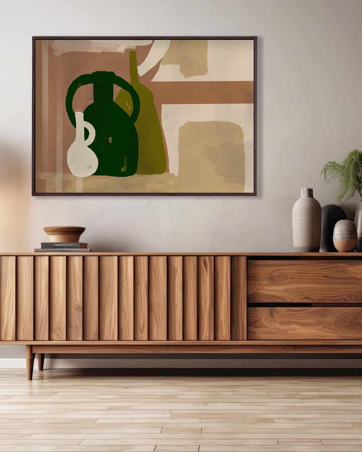 Wooden sideboard with decorative vases and a abstract painting in a room.