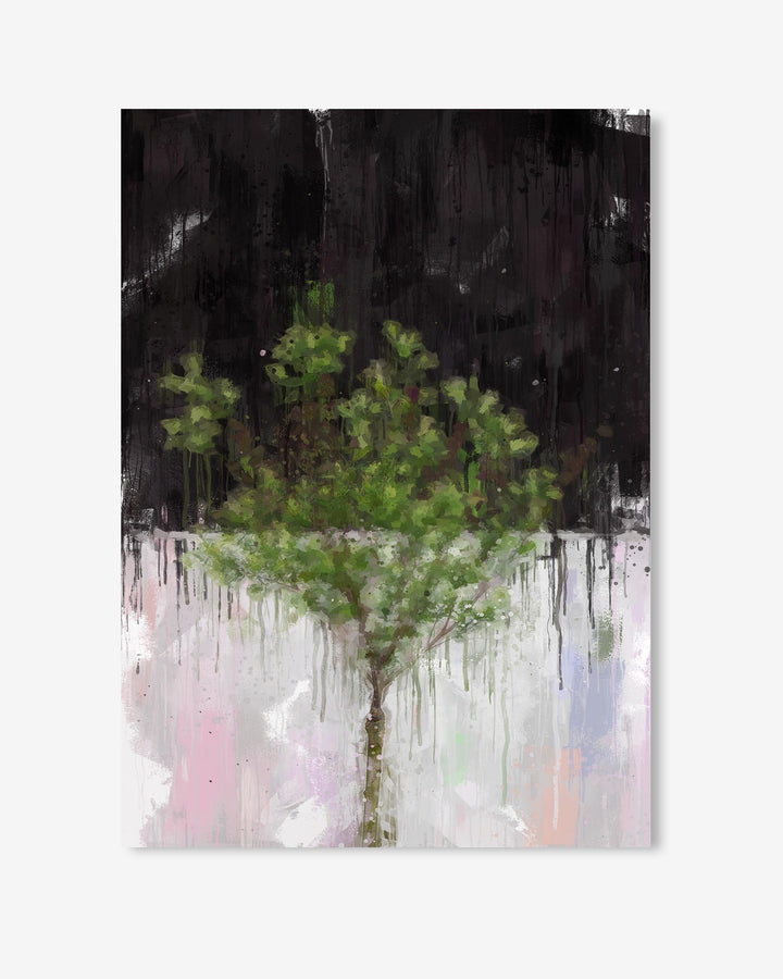 Artistic depiction of a tree with abstract watercolor background