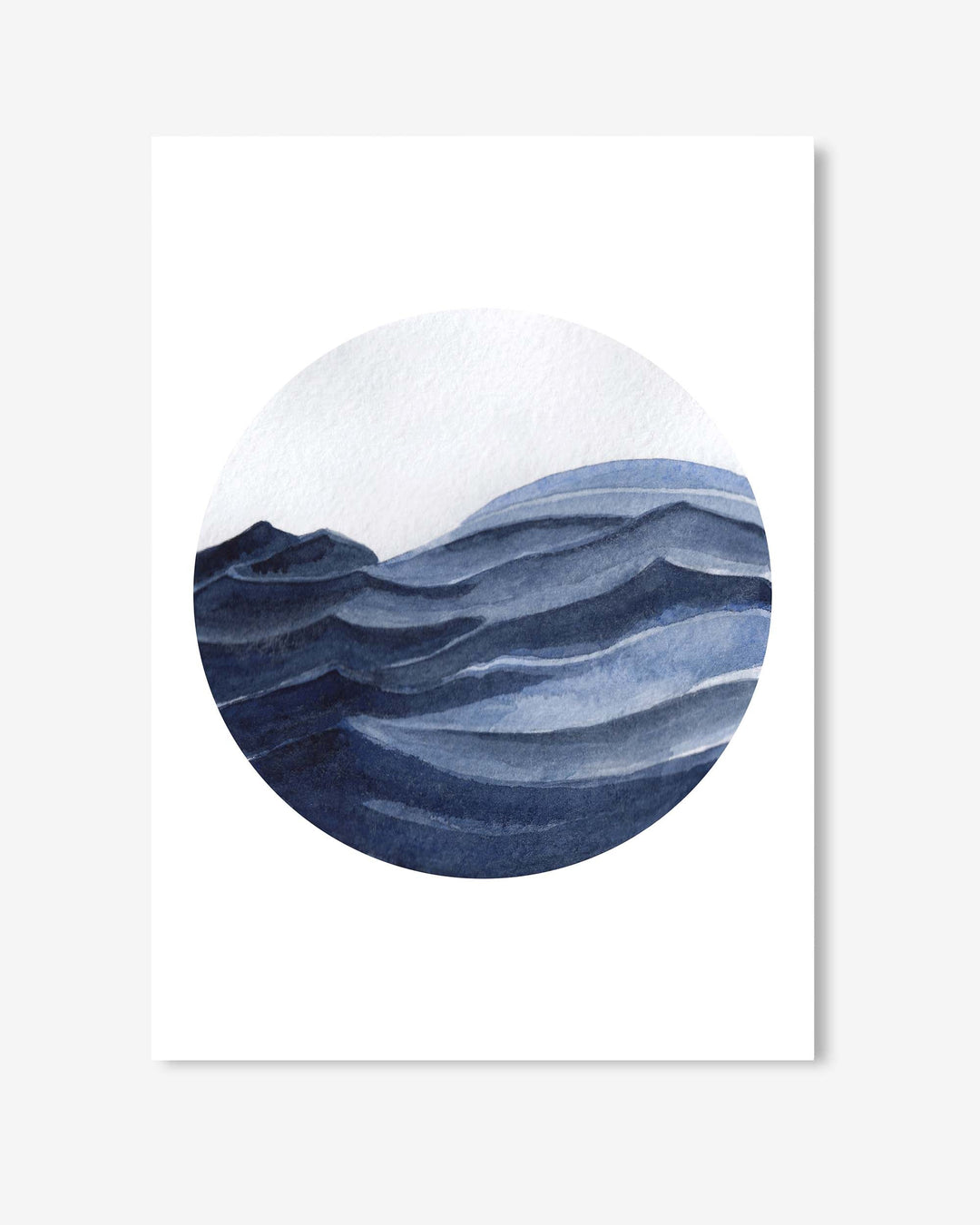 Art print of a circular landscape with wavy blue and white design on a white background