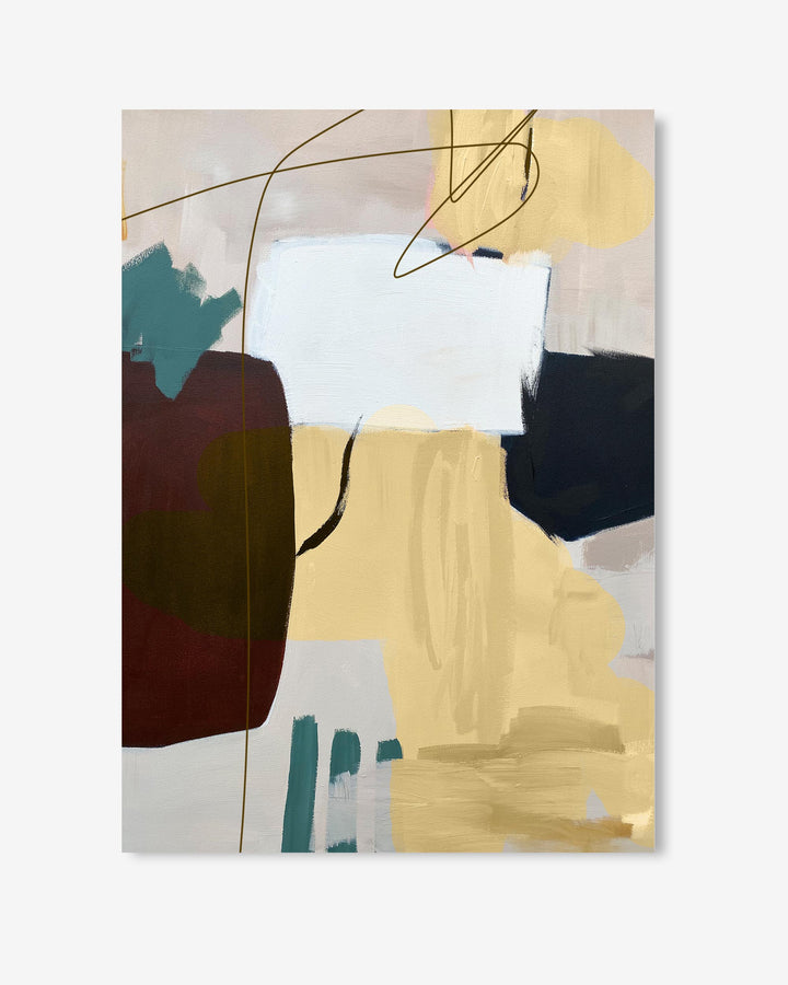 Abstract art print with geometric shapes and bold colors on a light background