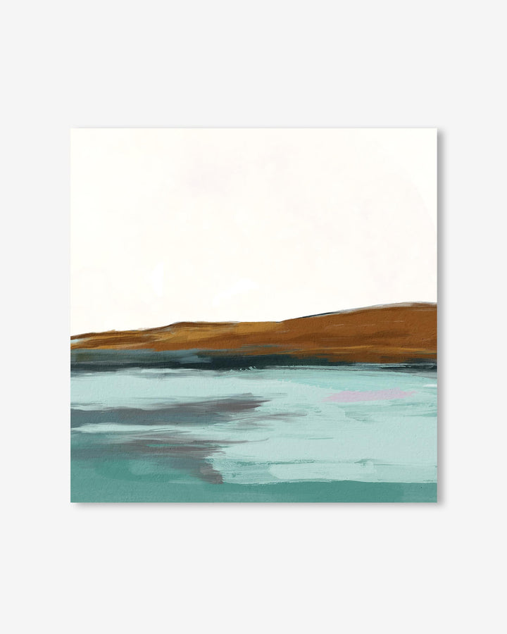 Abstract painting with brown, green, and blue colors on a white background