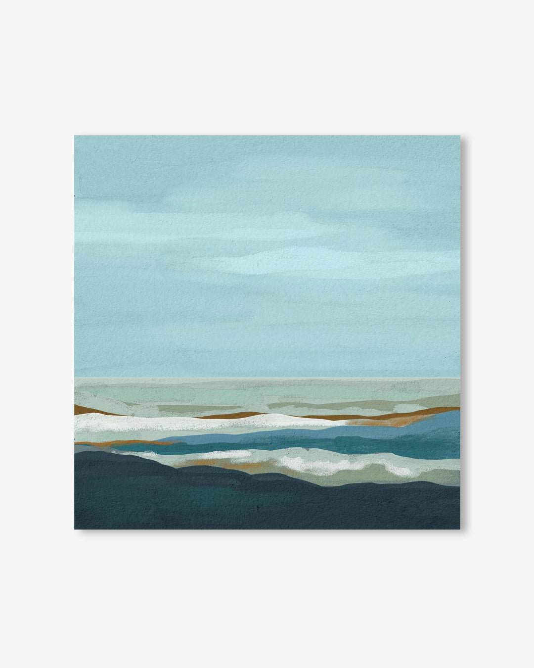 Abstract landscape painting with blue, green, and brown hues on a light blue background