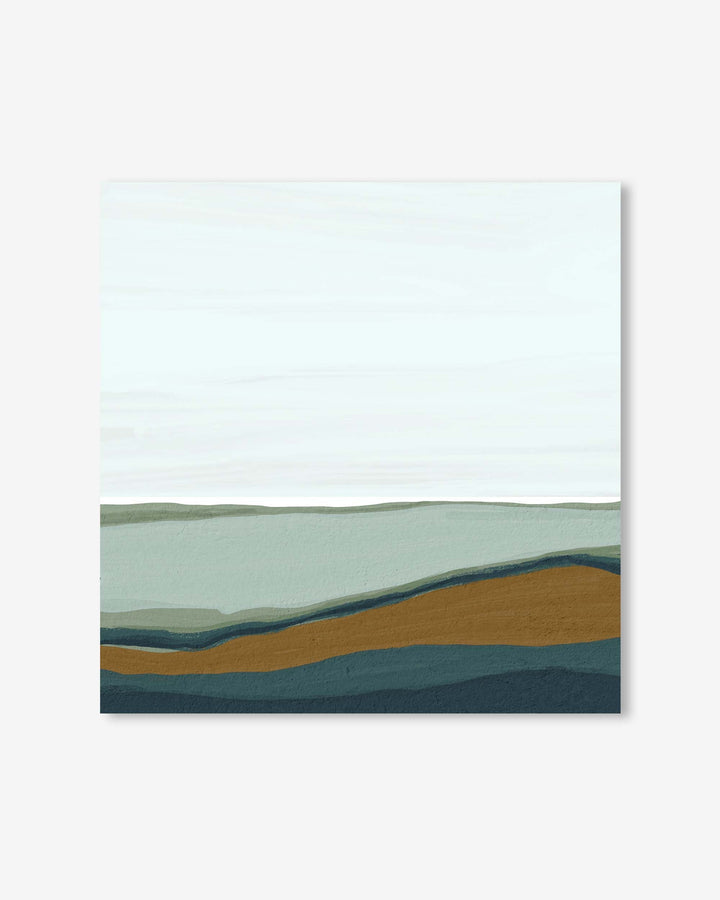 Abstract landscape painting with layers of green, blue, and brown on a white background