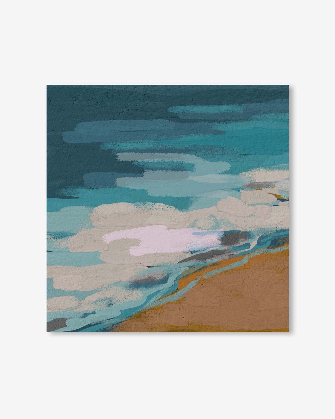 Abstract artwork with blue, green, and brown colors on a white background