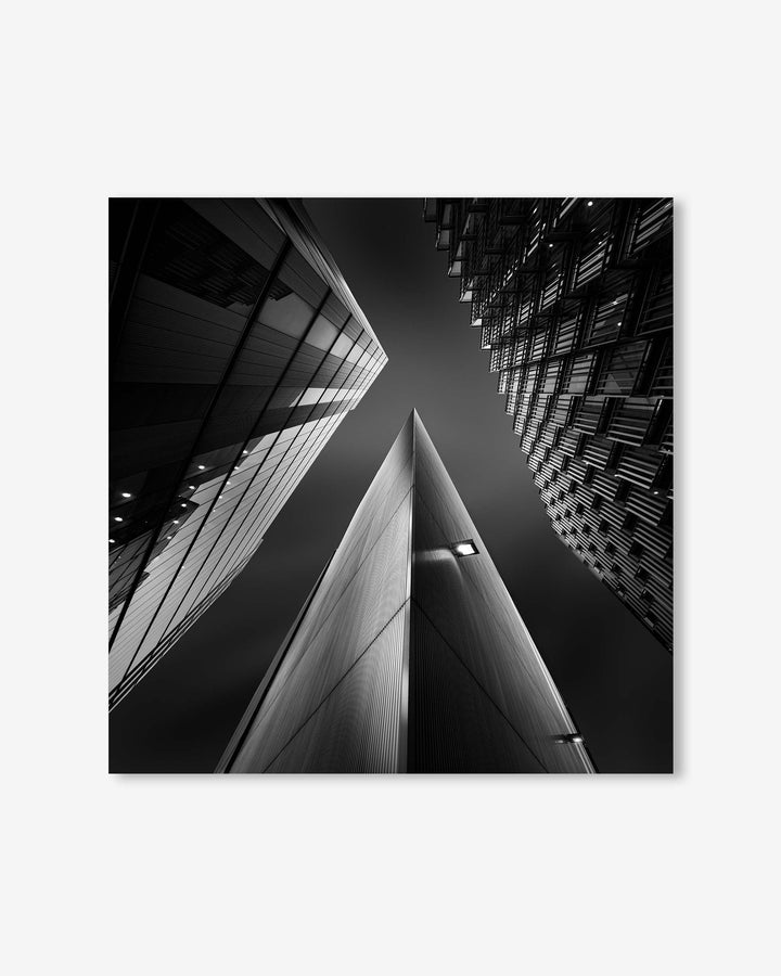 Black and white architectural photograph of modern buildings
