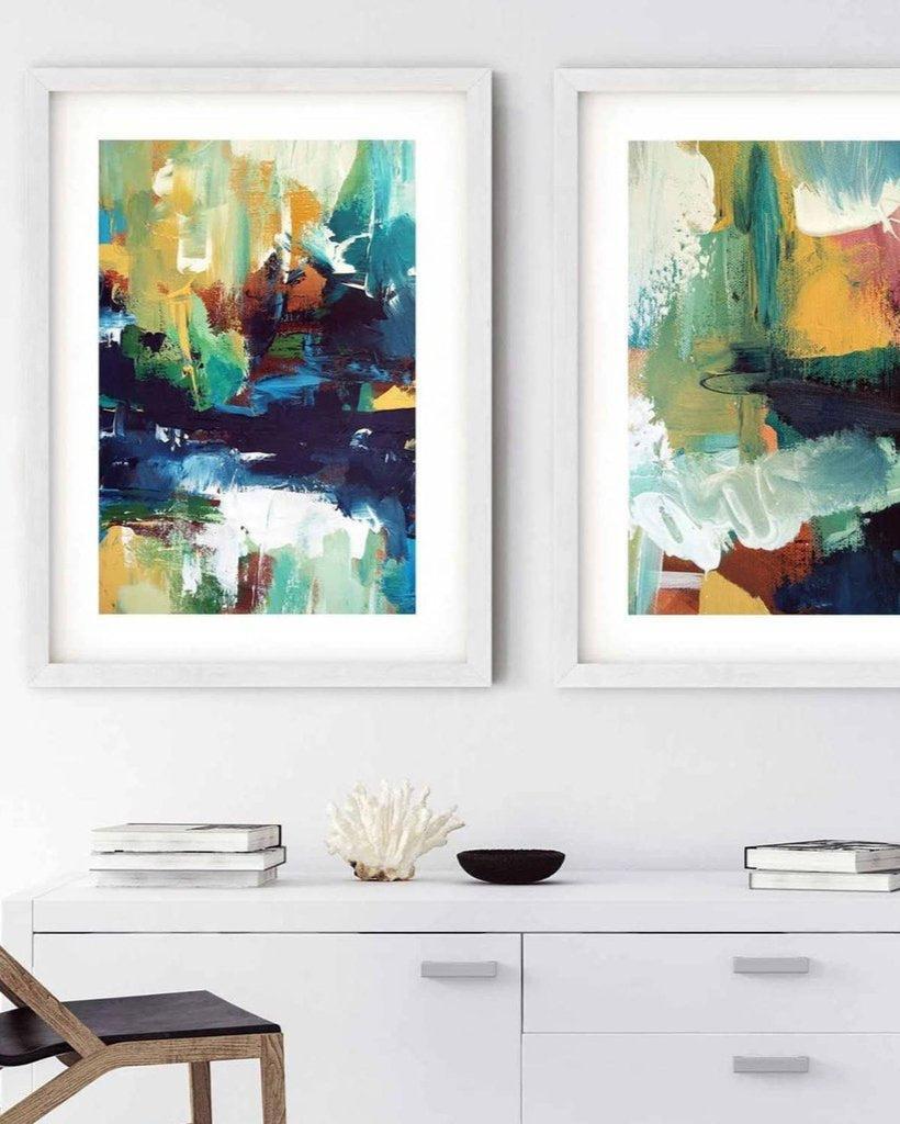 Vibrant Abstracts In Teal And Gold - Print Set Of 2