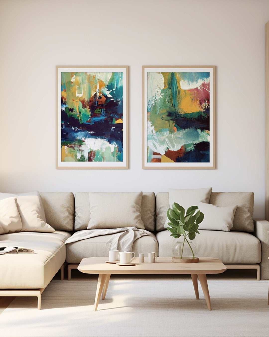 Modern living room with a beige sectional sofa, wooden coffee table, and abstract art on the wall.