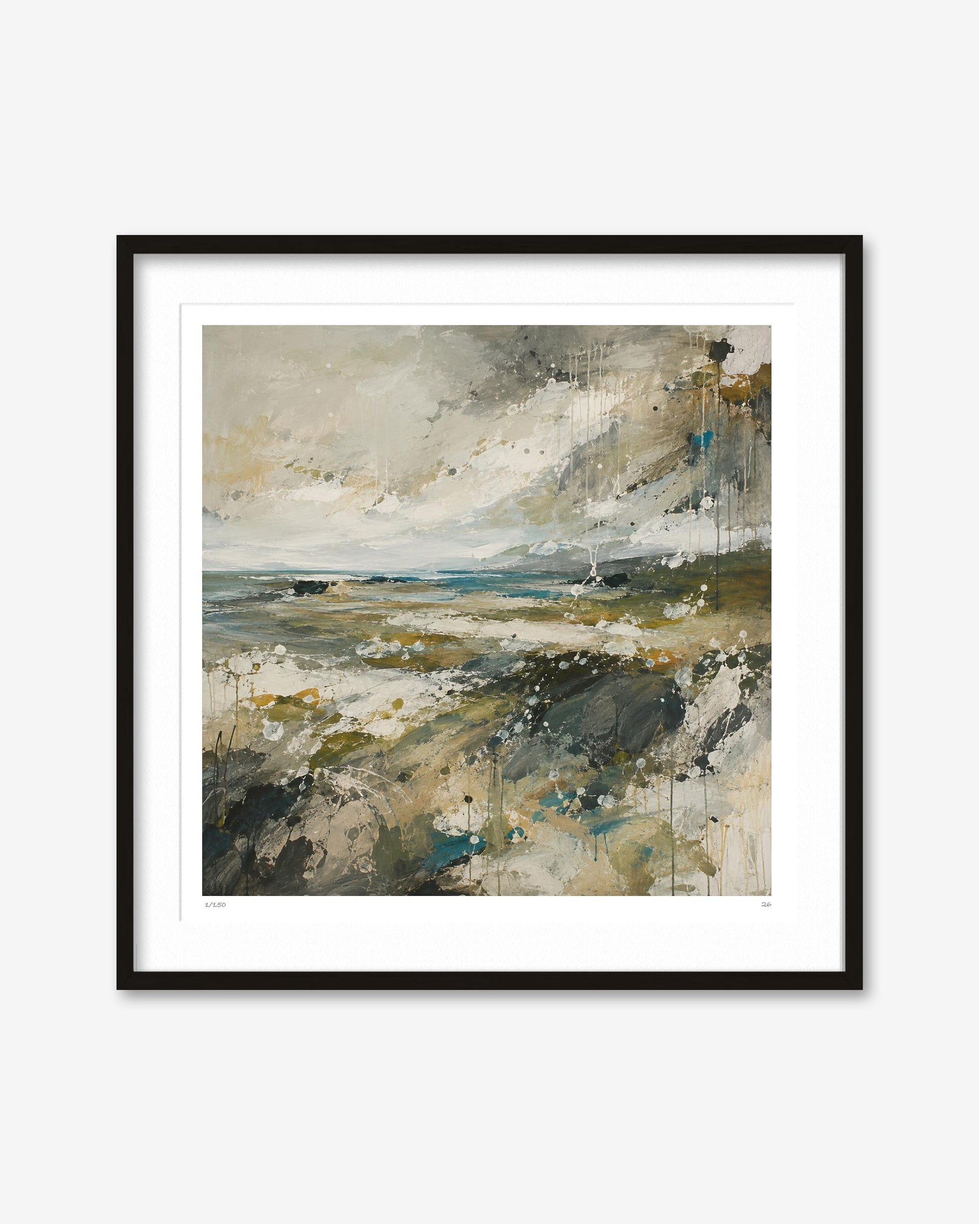 Framed abstract landscape art print with a black frame and white mat, featuring earthy tones of beige, gray, green, and blue on a light gray background.