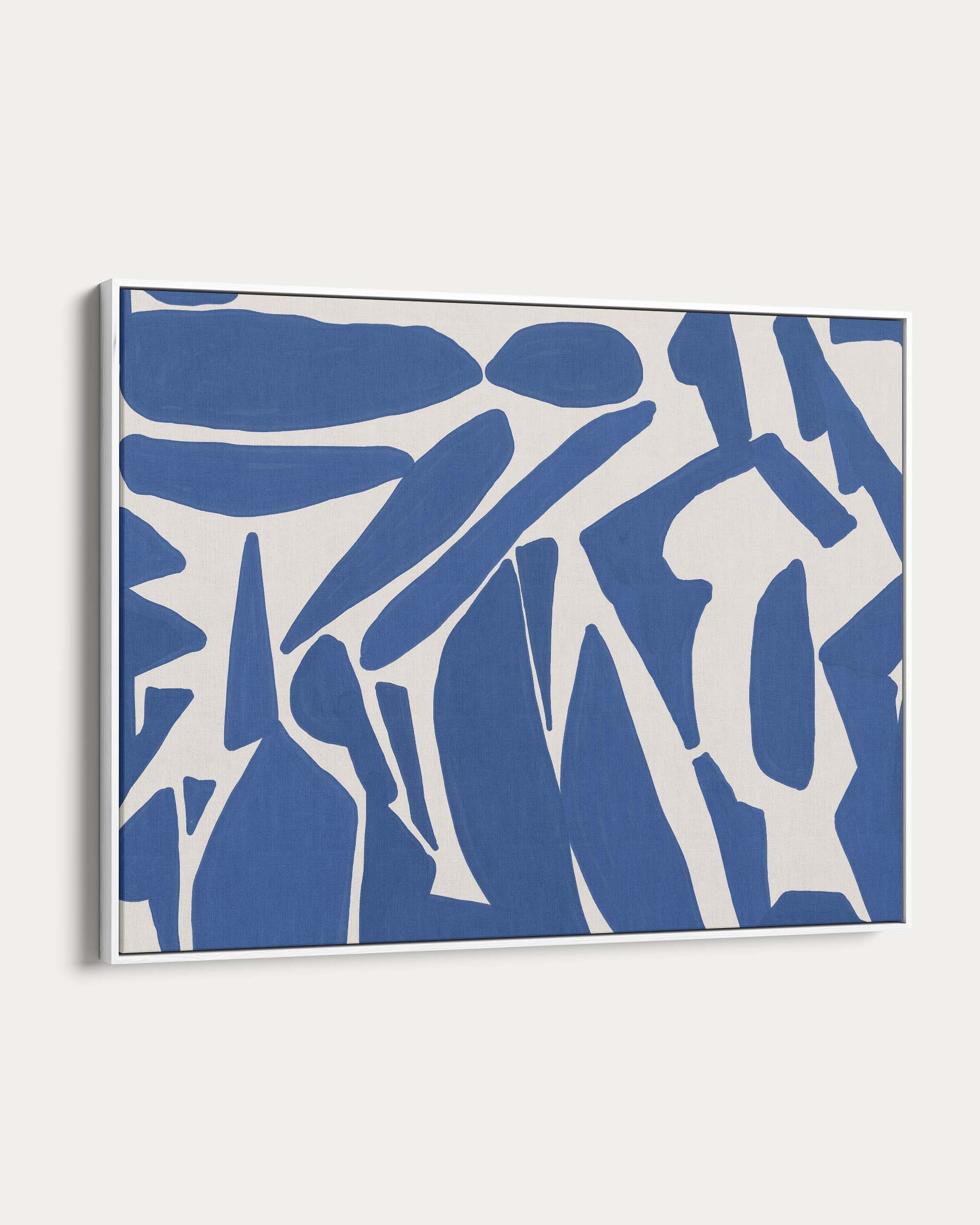 Abstract art piece with blue and white shapes on a white background