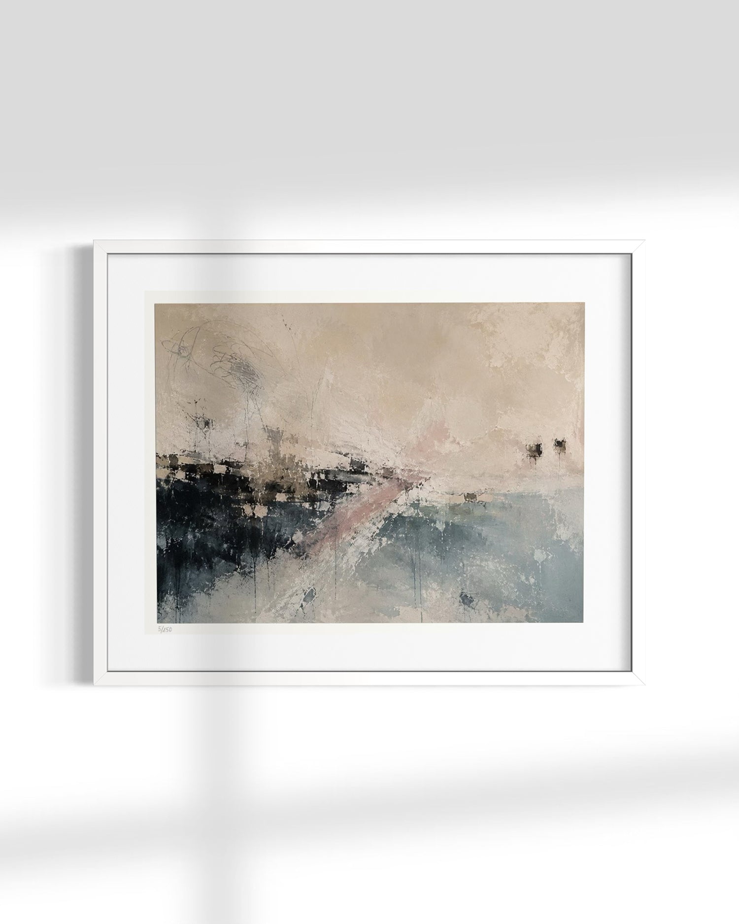 A framed abstract art print featuring a textured composition of beige, gray, black, and soft pink tones, displayed on a clean white wall with soft window shadow overlays.