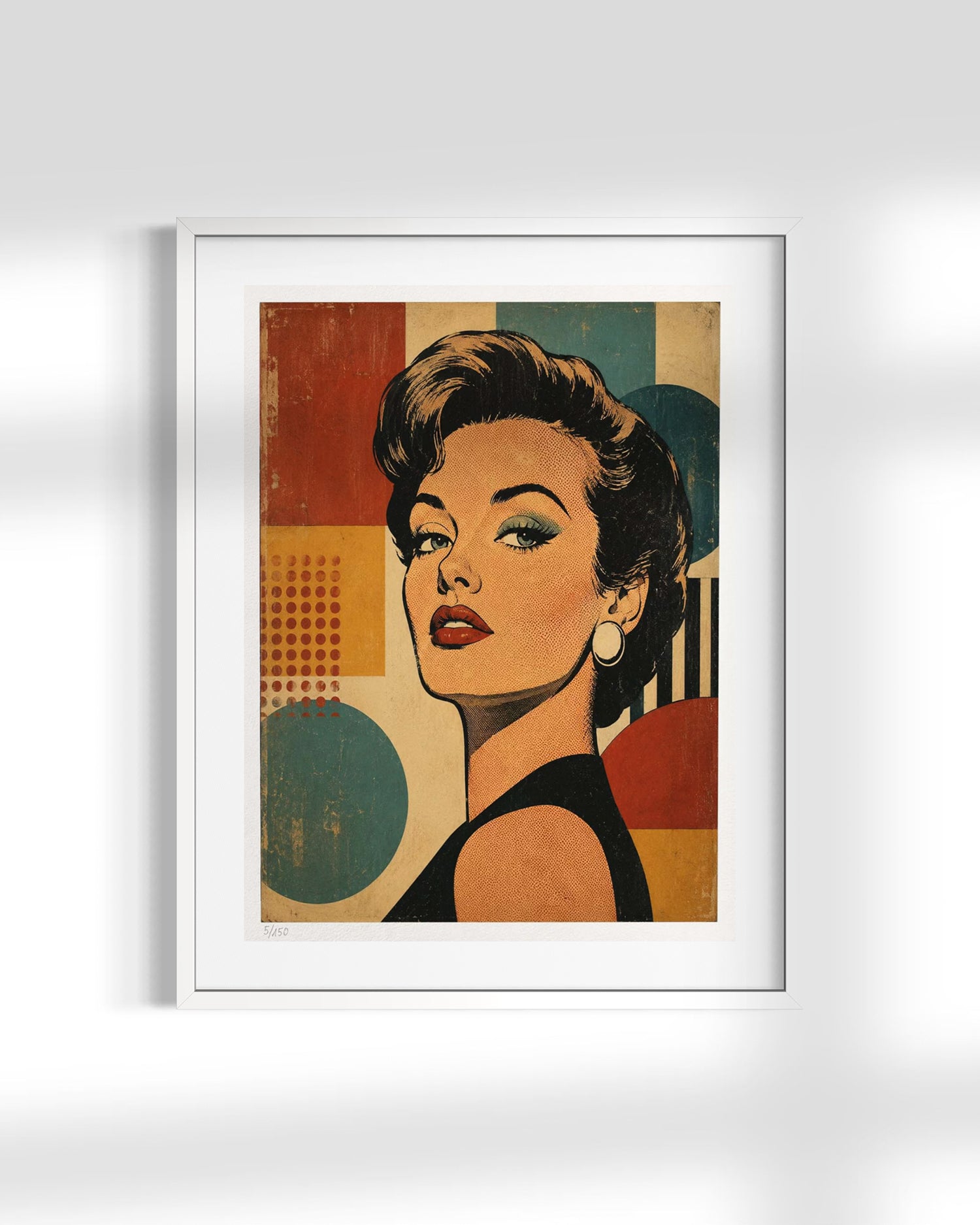 A framed art print featuring a retro-style portrait of a woman with bold geometric shapes in red, teal, beige, and black, displayed against a light gray wall with soft shadows.
