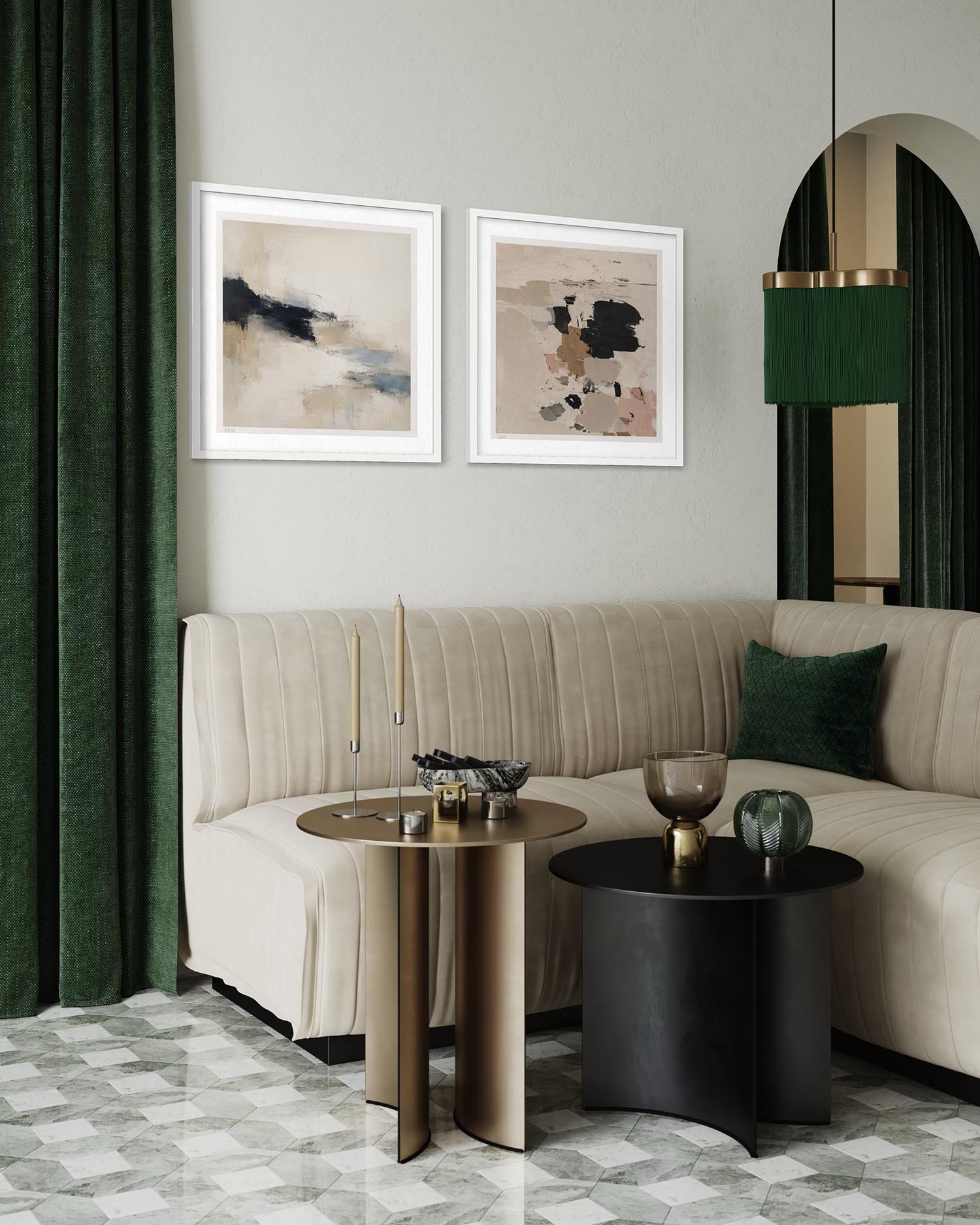A styled living room corner featuring a cream tufted sofa, two abstract framed wall art prints, a dark green curtain, a green pendant light, and a patterned gray tile floor.