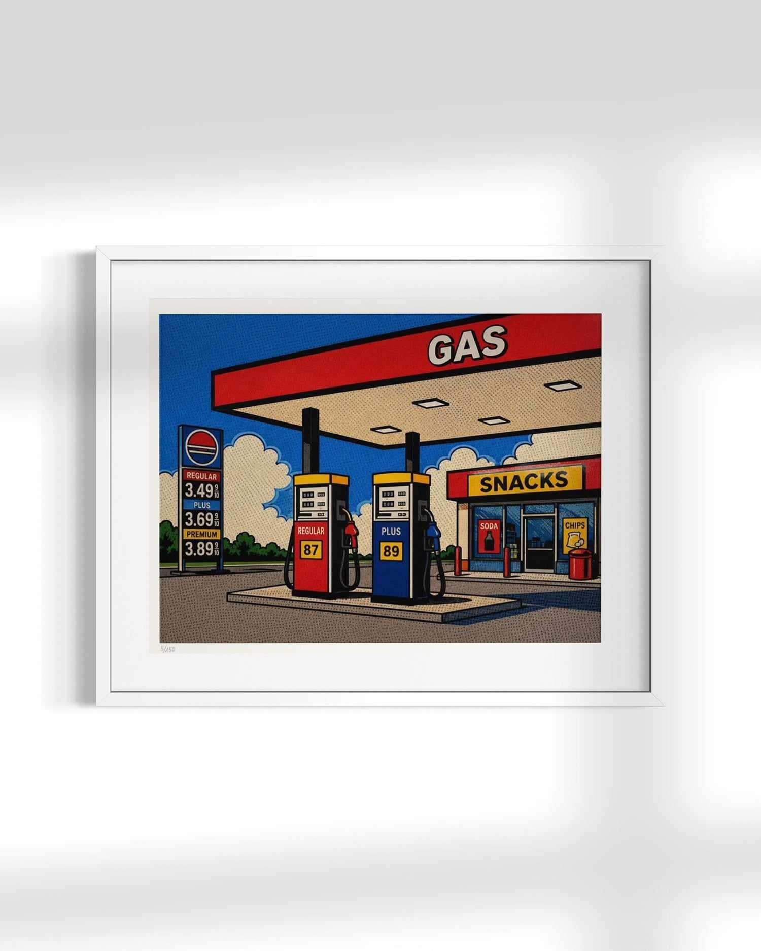 A framed pop-art style illustration of a gas station and convenience store scene, shown against a light gray background. The artwork features bold colors including blue sky, red canopy, yellow signage, and gray pavement, enclosed in a white frame.
