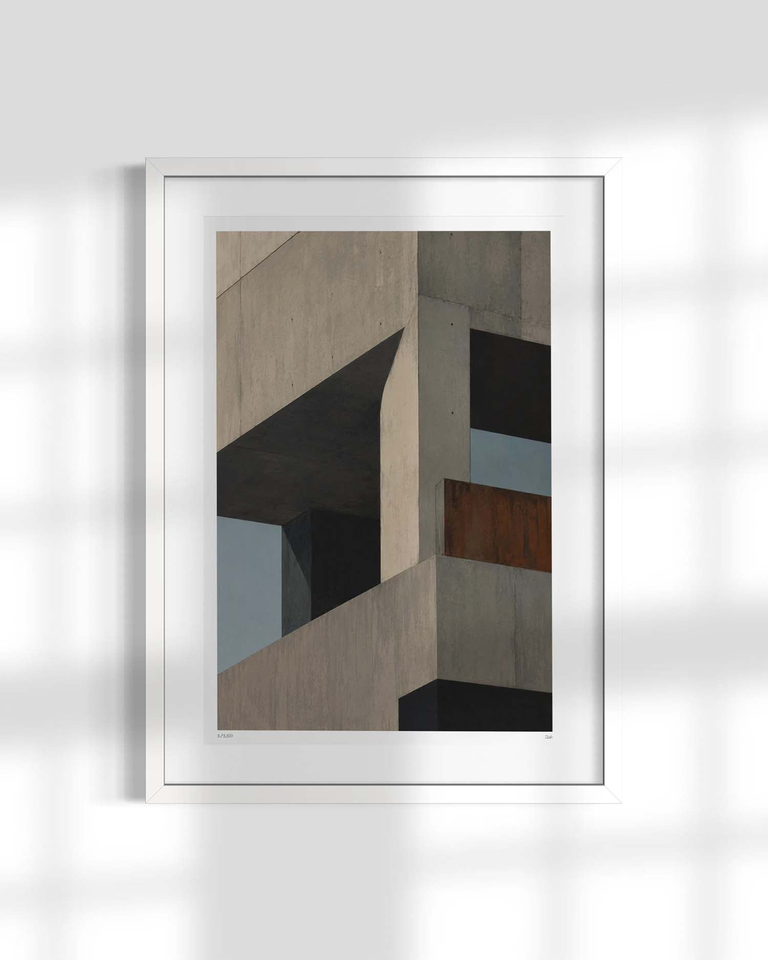 A framed art print featuring an abstract architectural design with concrete textures, displayed on a light gray wall with soft window shadow overlays.