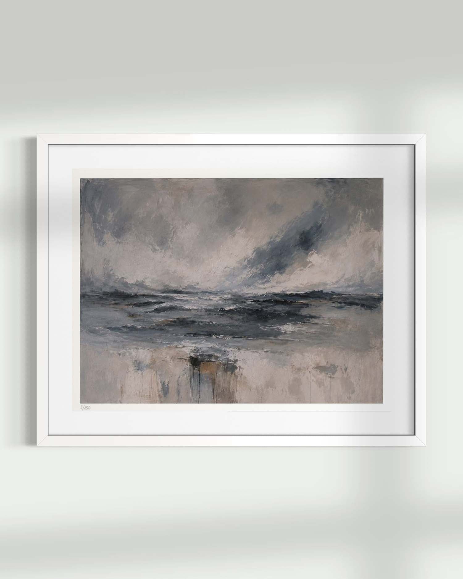 A framed abstract landscape painting featuring a stormy sky and dark water, presented in a white frame against a light gray wall.