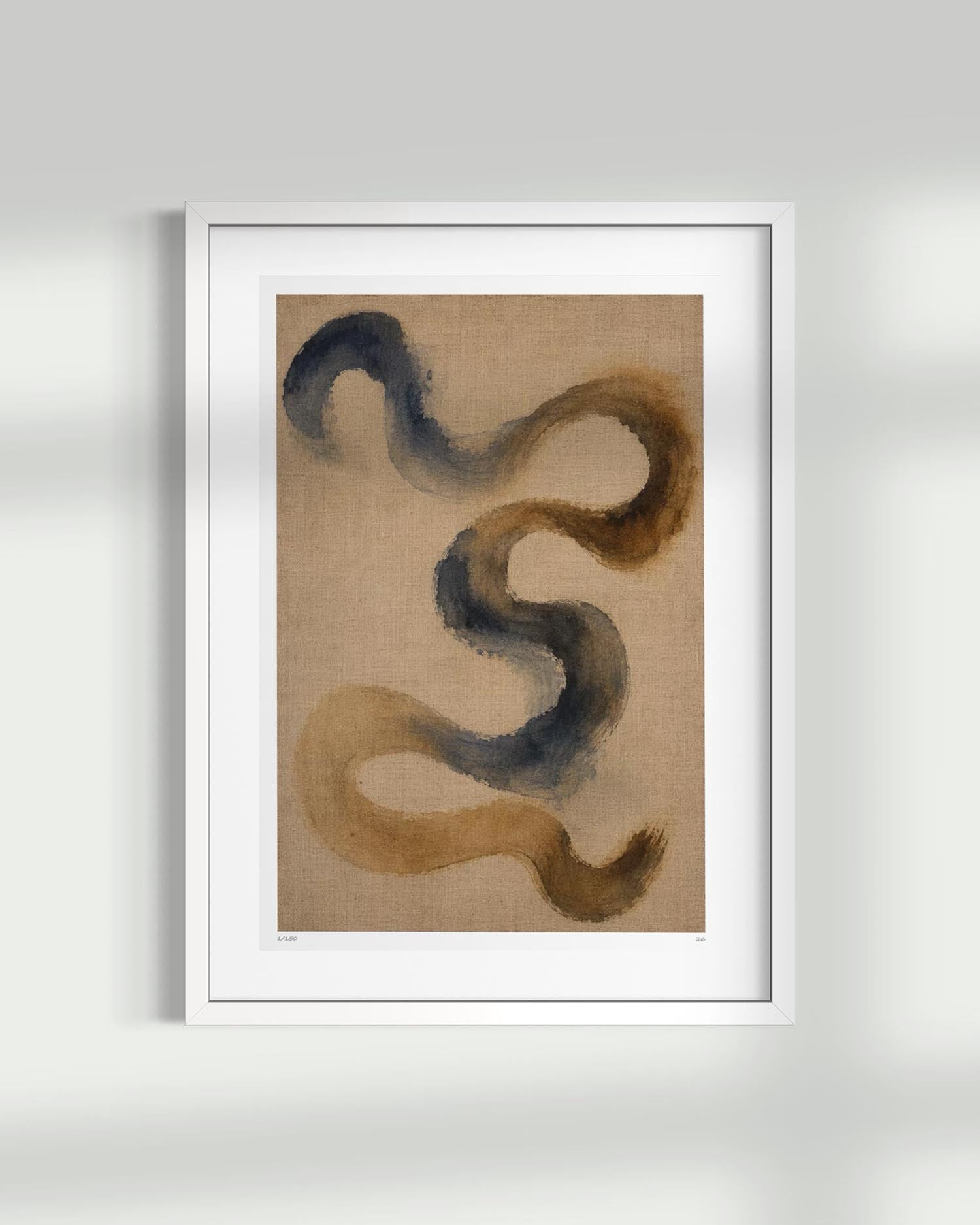 A framed abstract art print featuring a flowing, snake-like organic shape in dark blue-gray and warm brown tones on a textured tan background, presented in a white frame against a light gray wall.