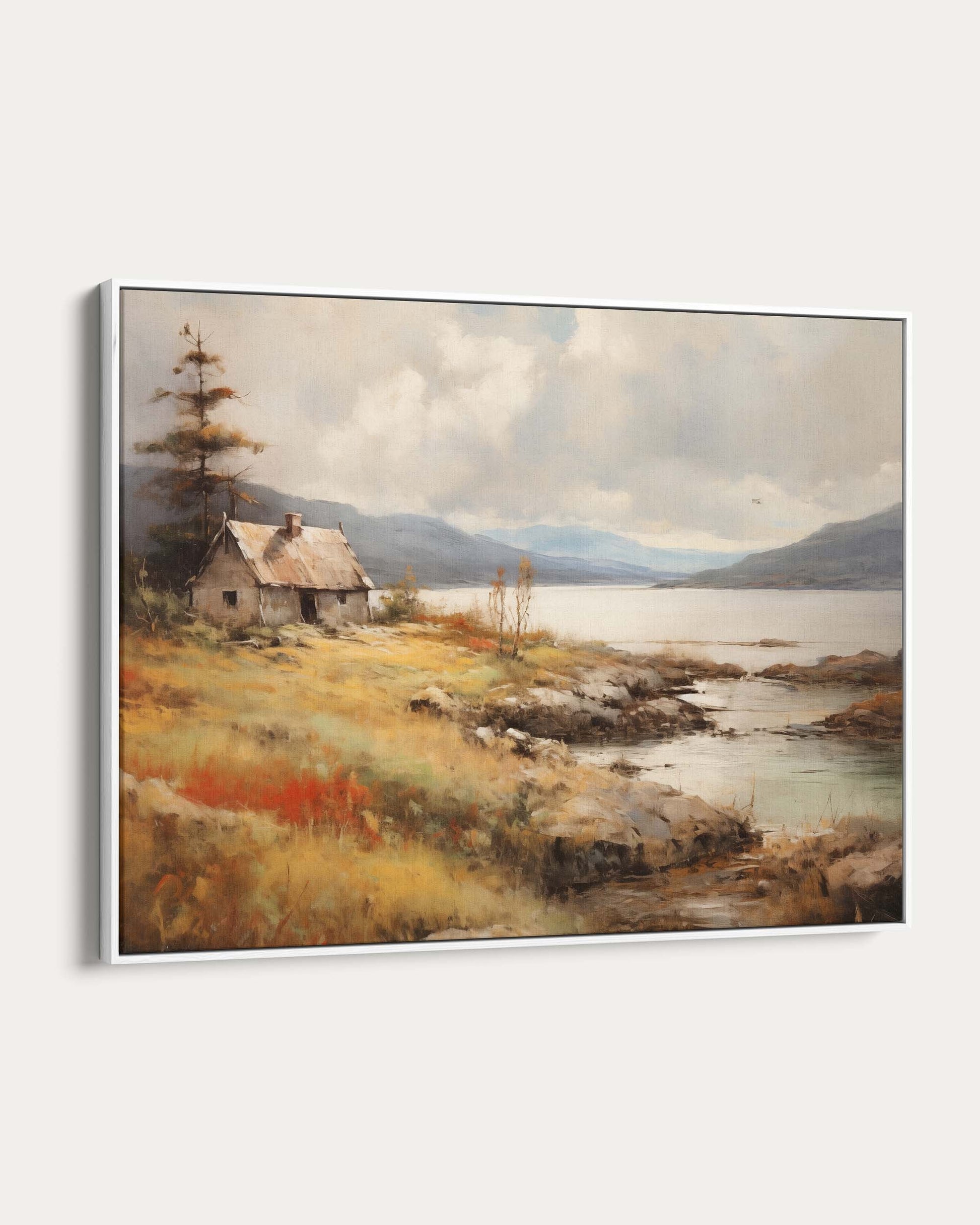 Painting of a lakeside cabin with mountains in the background