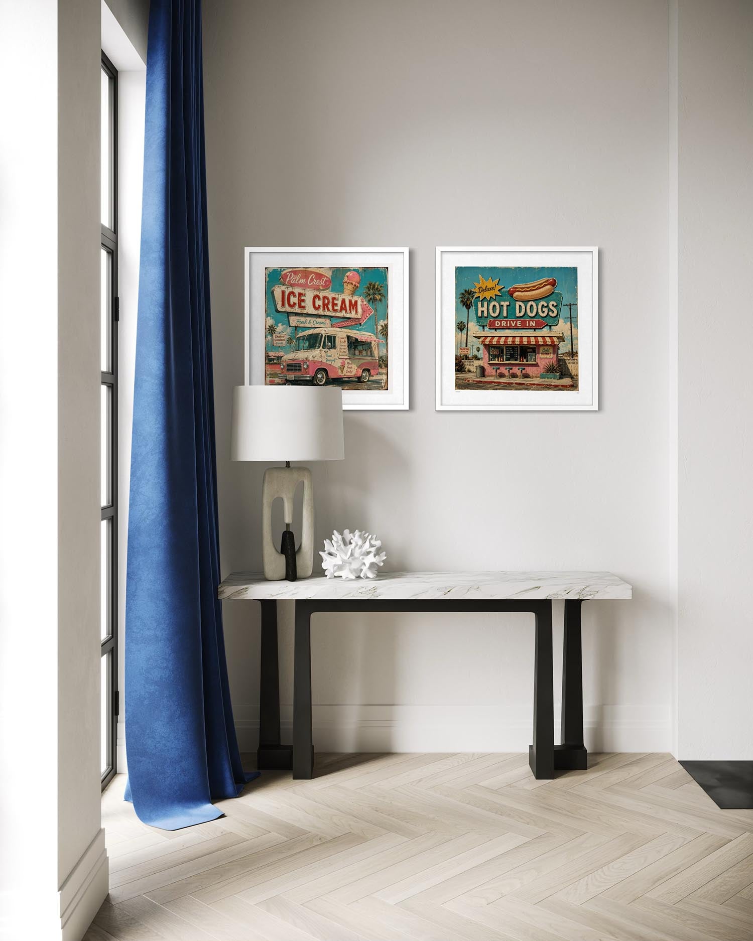 A styled interior scene showing two framed vintage-style wall art prints hanging above a console table. The left print reads "ICE CREAM" with a retro ice cream truck, and the right print reads "HOT DOGS" with a hot dog storefront.