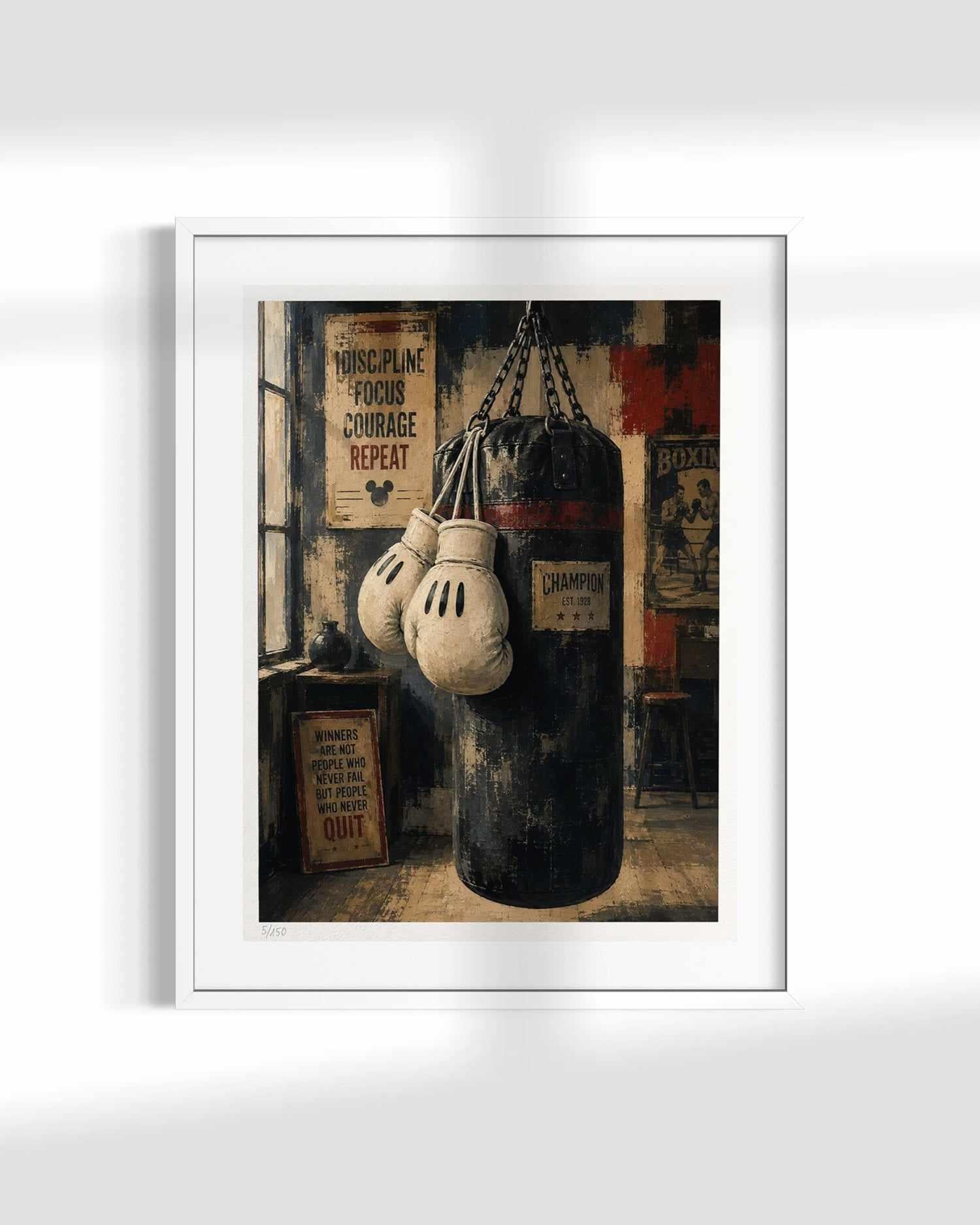 A framed art print depicting a vintage boxing scene with a heavy punching bag, boxing gloves, and old posters, shown in a white frame against a light gray wall.
