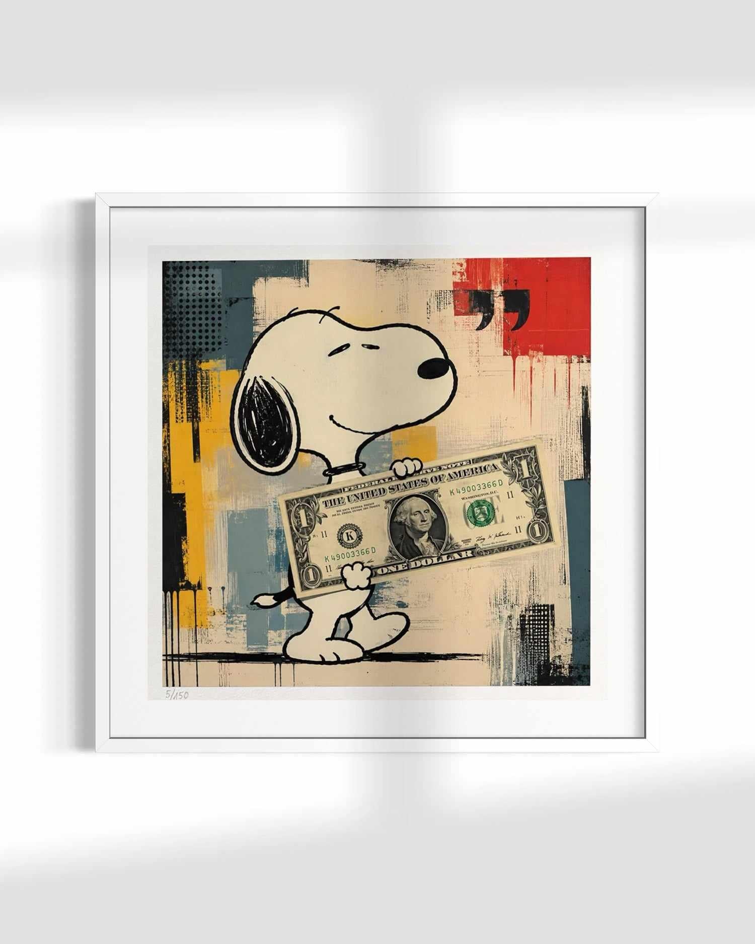 A framed art print featuring Snoopy holding a dollar bill against an abstract multicolor background, displayed on a white wall with soft shadow overlays.