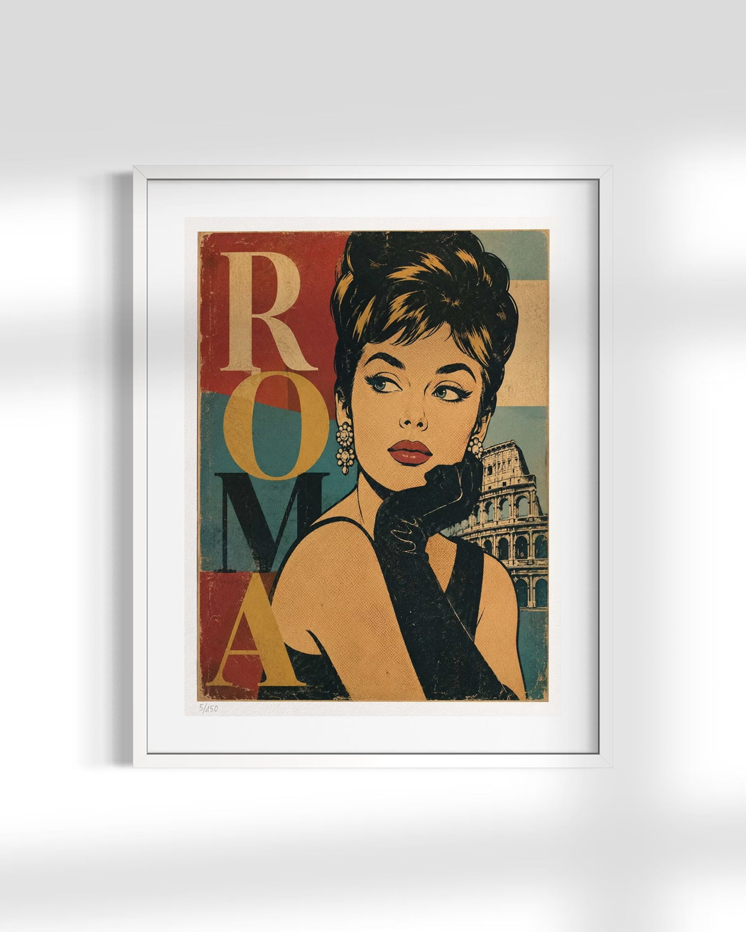 A framed pop-art poster featuring a stylized portrait of a woman with the word 'ROMA' and the Colosseum in the background, displayed against a light gray wall.
