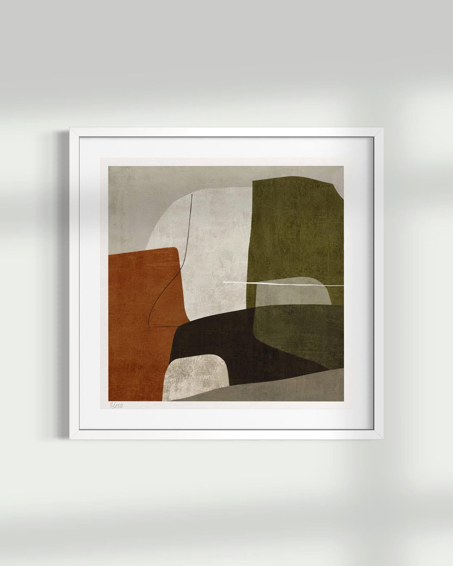 A framed abstract art print featuring geometric shapes in terracotta, olive green, black, and cream on a textured beige background, displayed on a light gray wall.