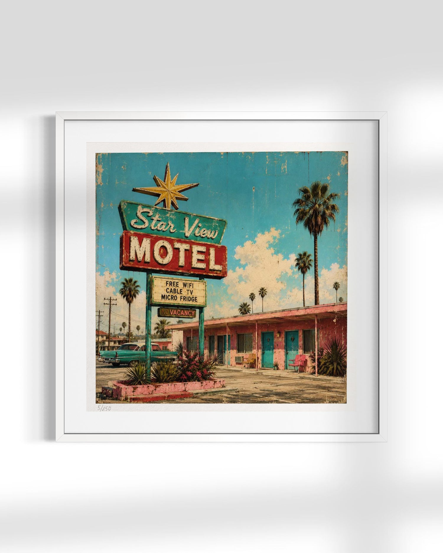 A framed vintage-style art print depicting a retro motel sign with palm trees and a motel building under a teal sky, shown against a light gray background.