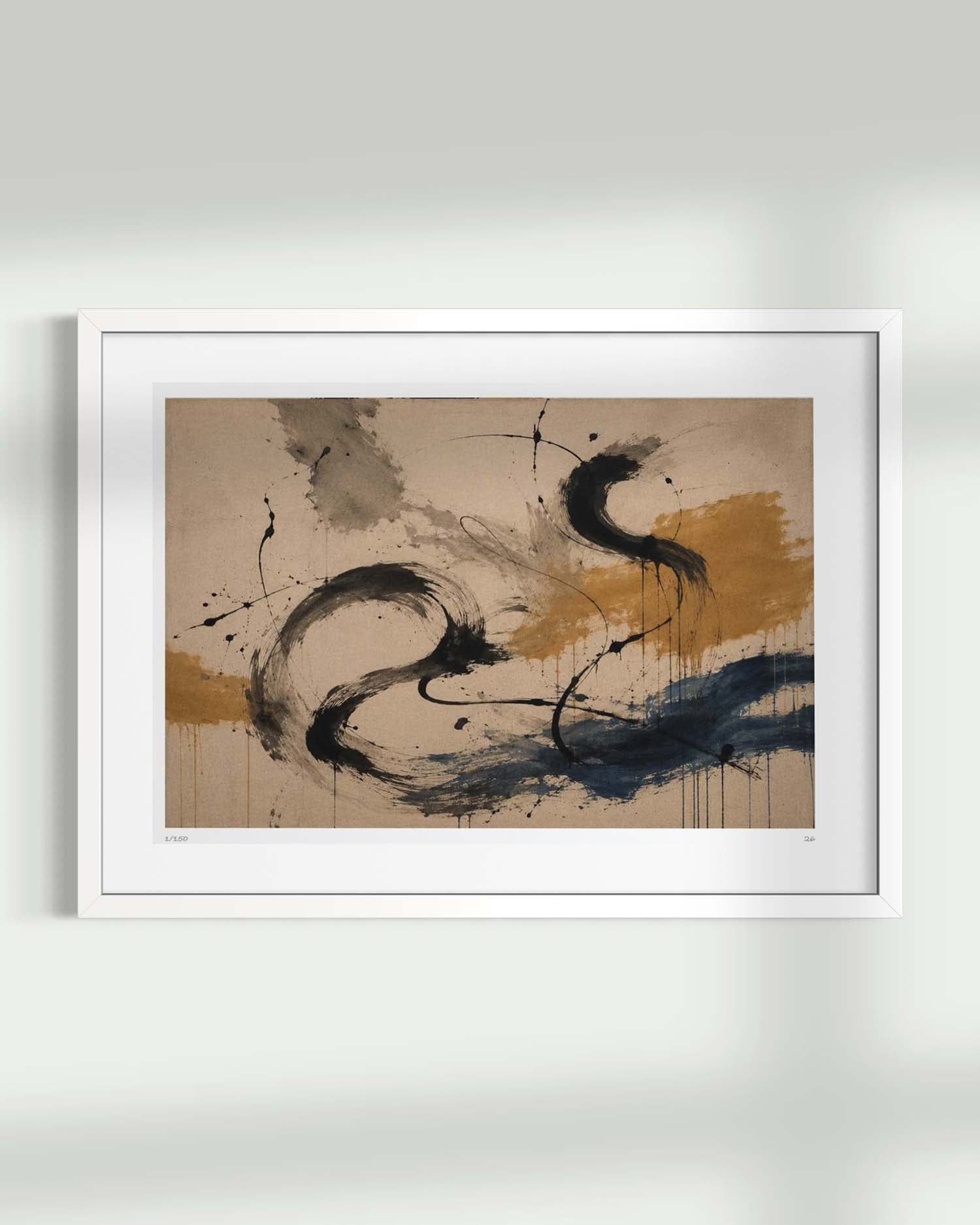 A framed abstract art print featuring expressive black, navy, and ochre brushstrokes on a beige background, housed in a white frame and mounted on a light gray wall.