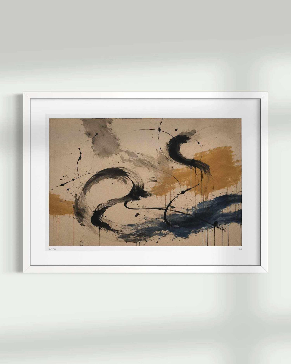 A framed abstract art print featuring expressive black, navy, and ochre brushstrokes on a beige background, housed in a white frame and mounted on a light gray wall.