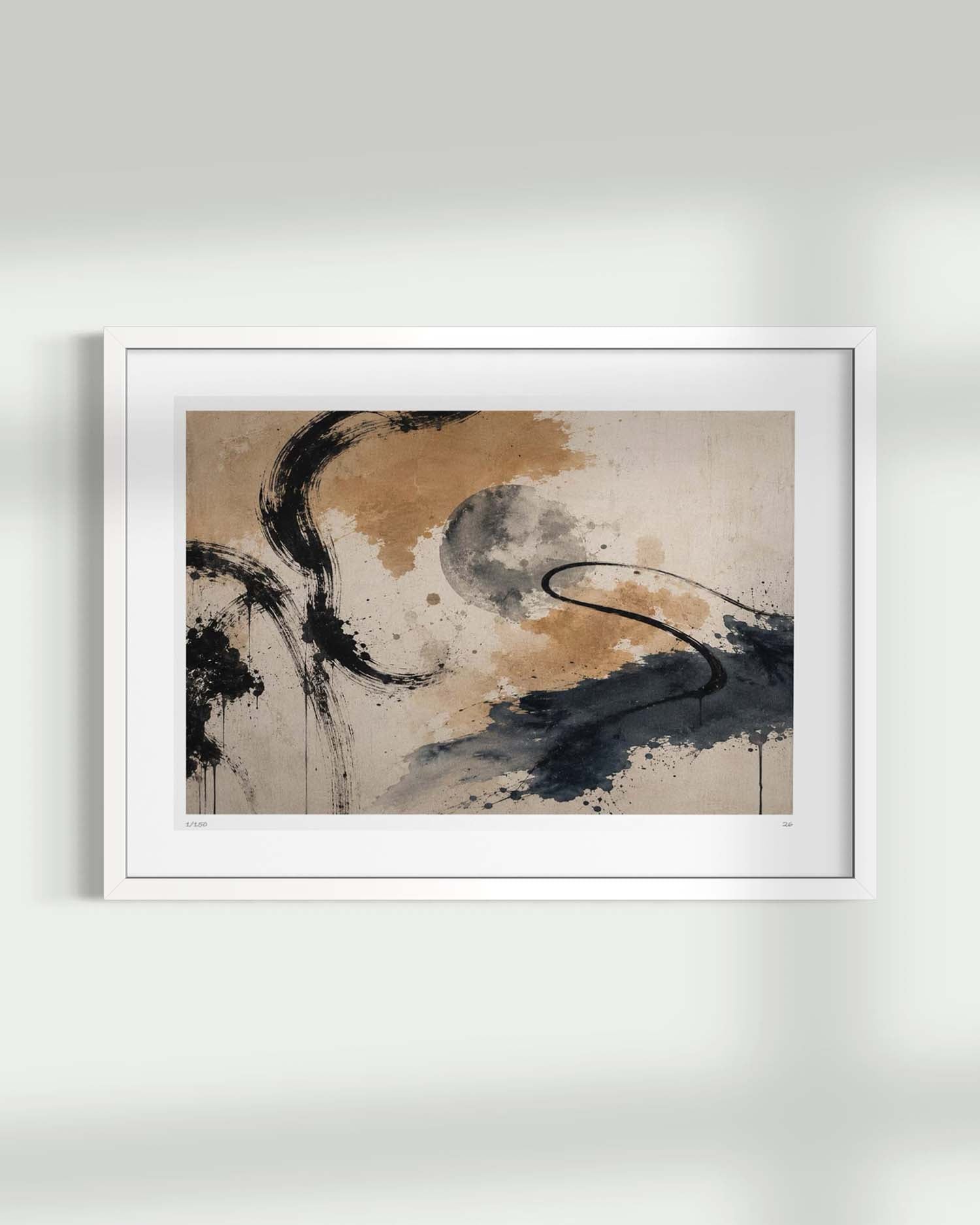 A framed abstract art print featuring black and brown brushstrokes on a textured beige background, housed in a white frame and mounted on a light gray wall.
