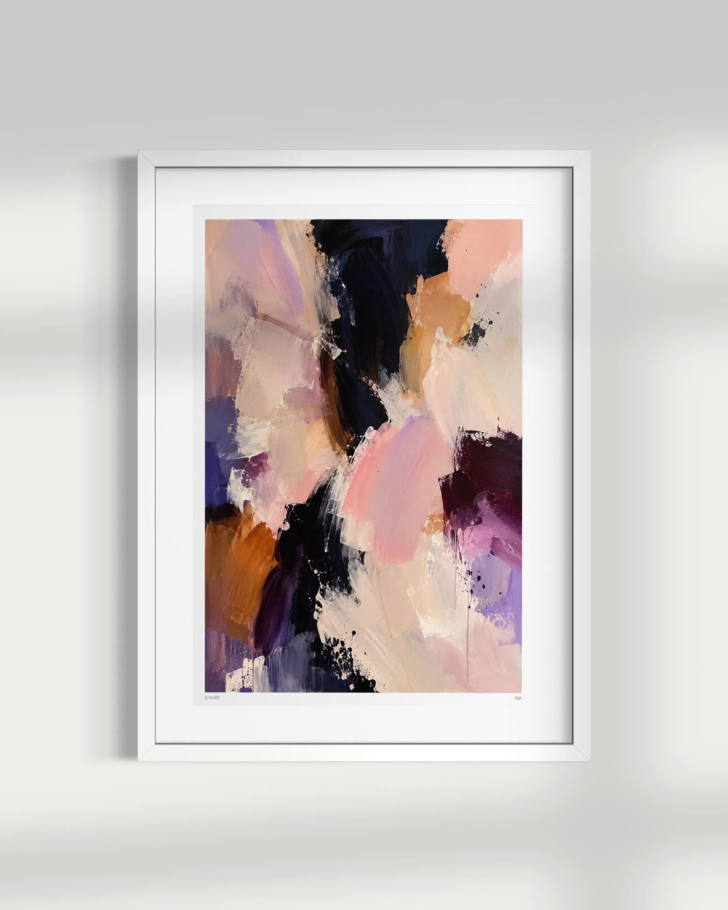 A framed abstract art print featuring expressive brushstrokes in shades of pink, purple, black, beige, and brown, presented in a white frame against a light gray wall.