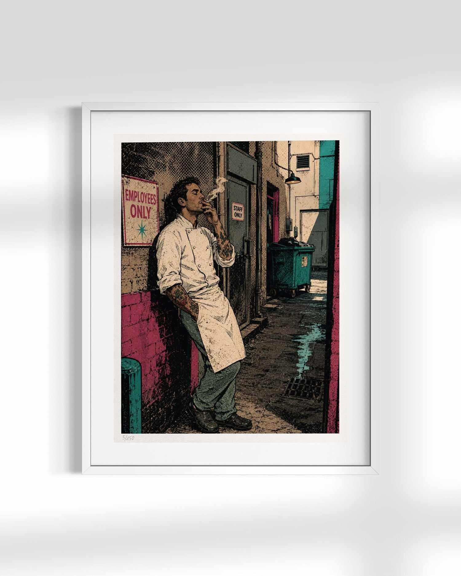 A framed art print featuring a stylized illustration of a man in a white apron leaning against a wall in a narrow alley, with a 'EMPLOYEE ONLY' sign and a teal dumpster. The print is presented in a white frame against a light gray background.