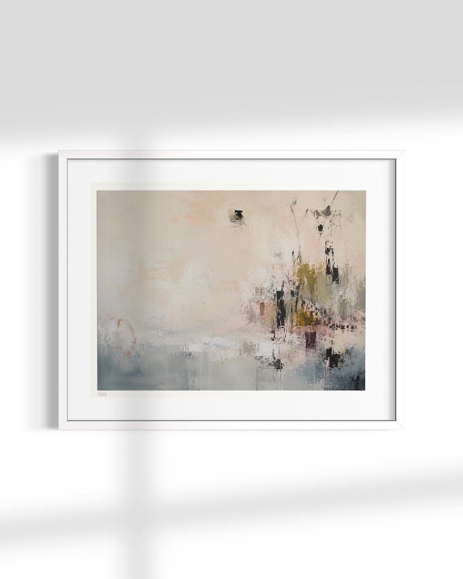 A framed abstract art print featuring soft pastel tones of beige, gray, and muted blue-green with dark accents, displayed on a light gray wall with soft window shadow overlays.