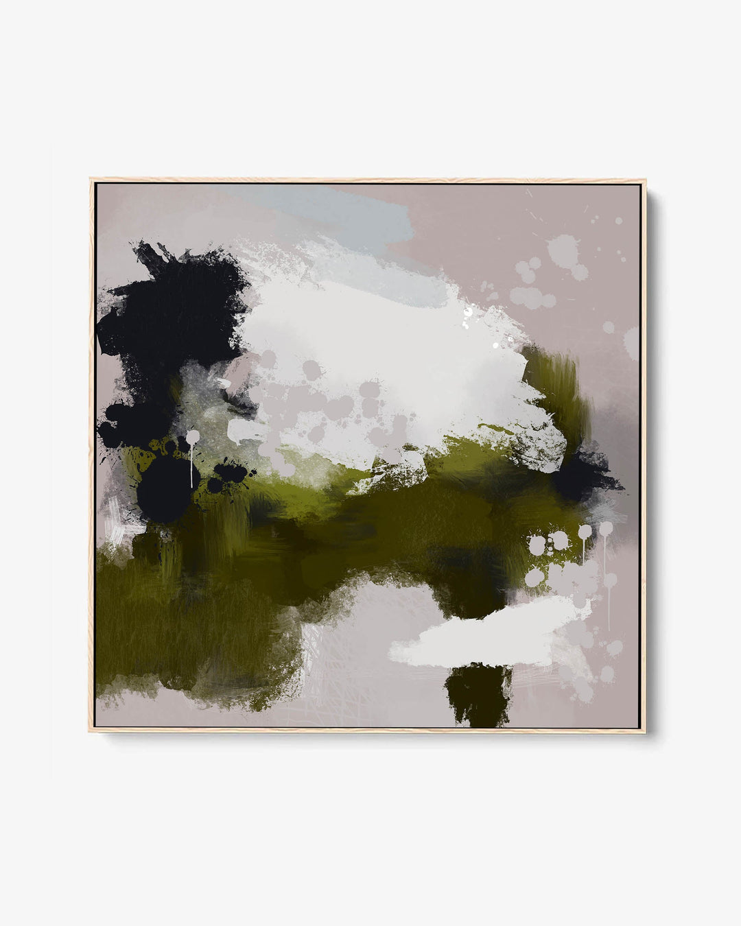 Abstract framed canvas depicting a blend of green and gray tones with hints of black and white, representing an artistic interpretation of a serene landscape.