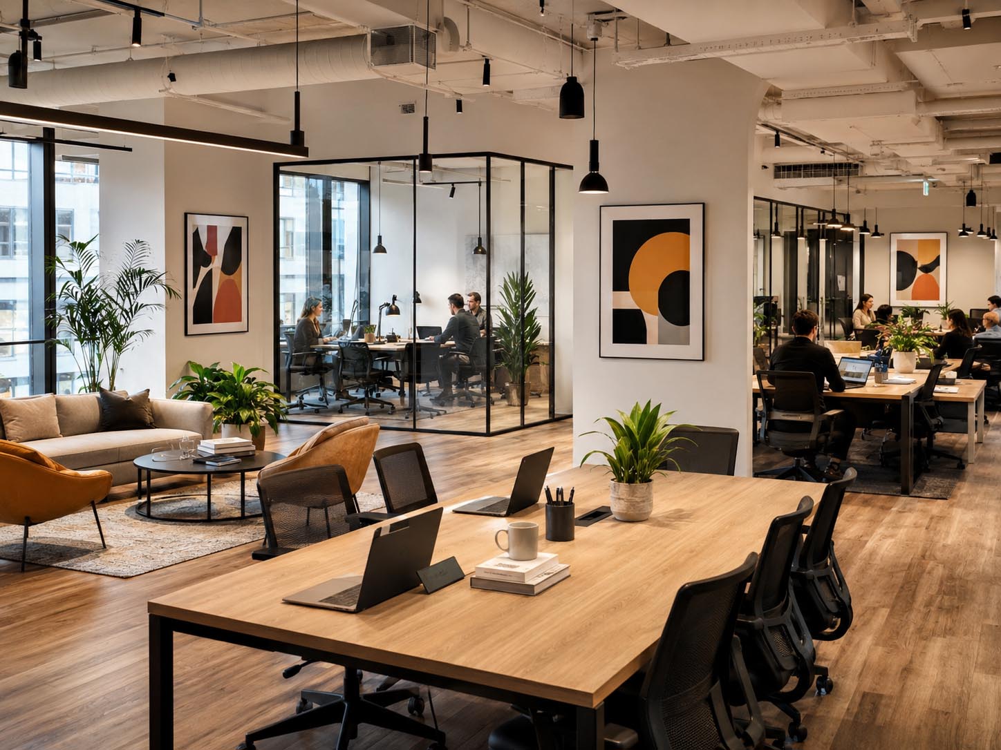 A bright, modern open-plan office workspace with a large wooden conference table in the foreground, black office chairs, laptops, potted plants, and people working in the background near glass-walled meeting rooms and colorful abstract wall art.