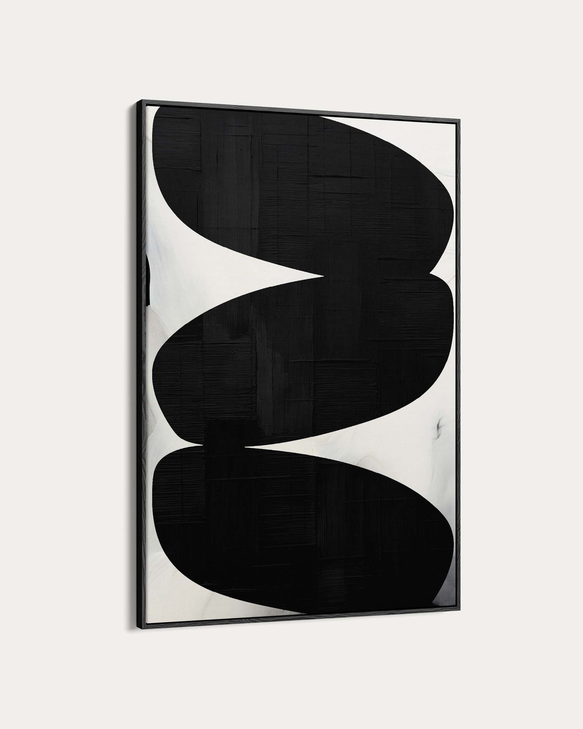 Abstract art piece with black and white shapes on a light gray background