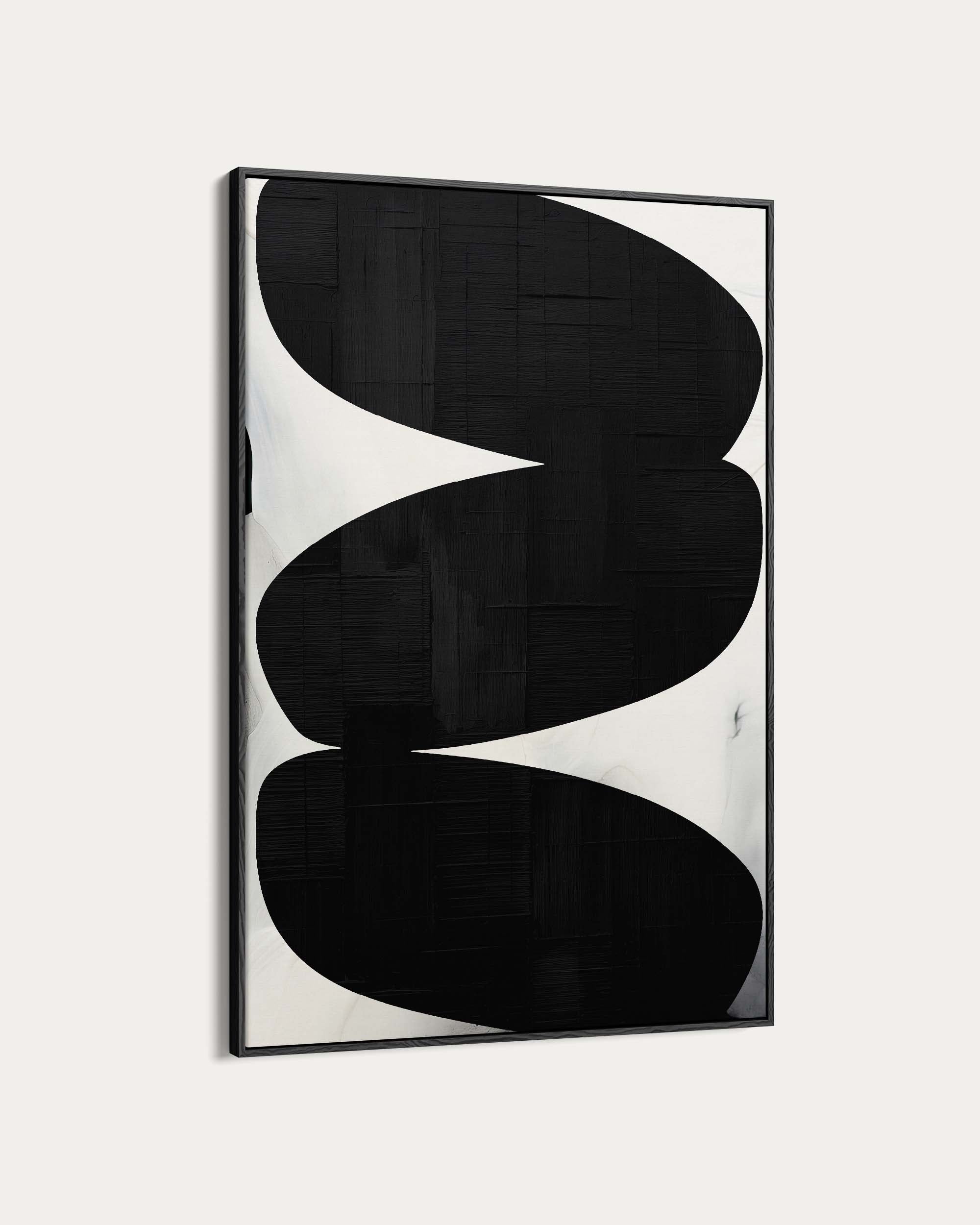 Abstract art piece with black and white shapes on a light gray background