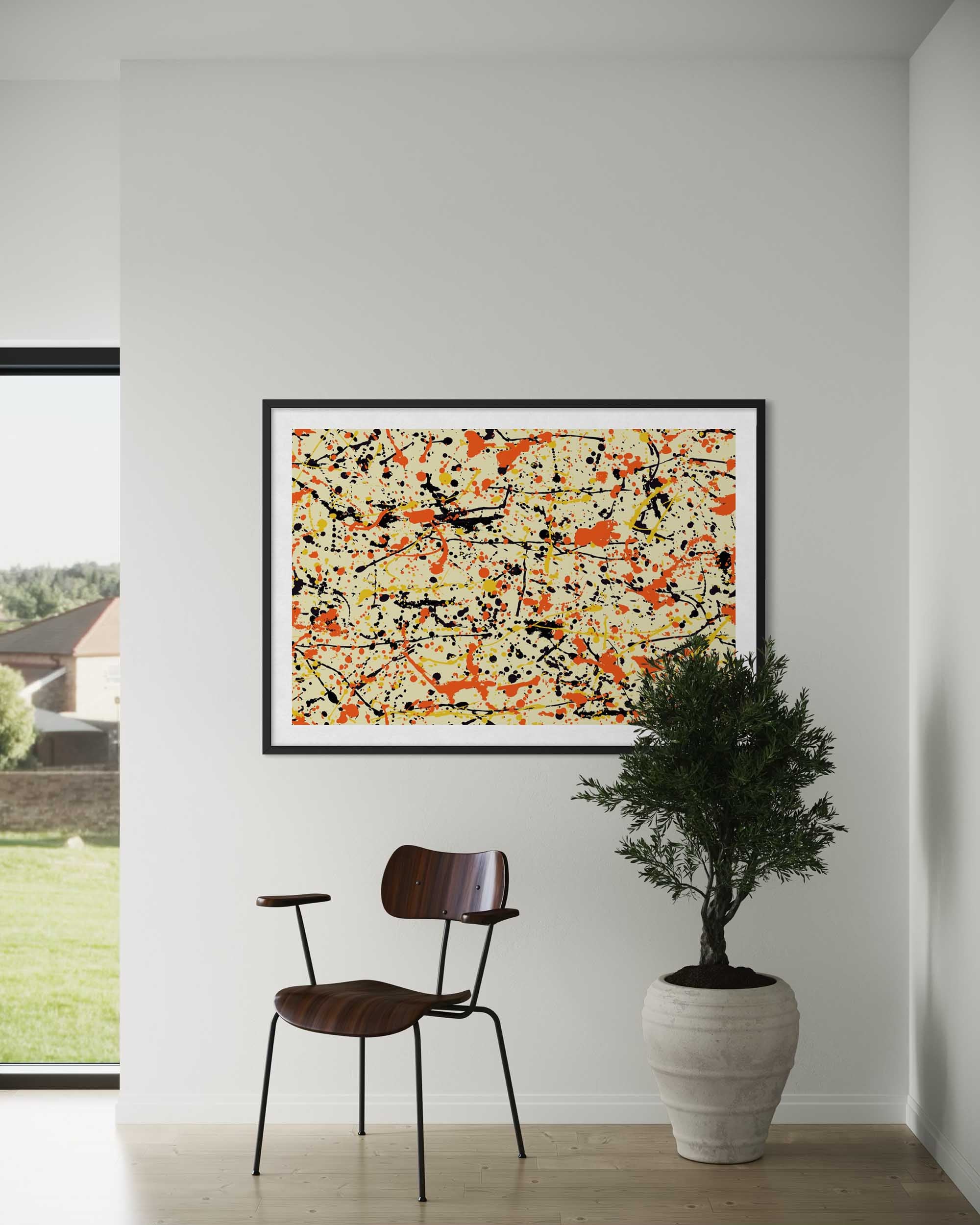 Modern interior with abstract art, chair, and potted plant against a white wall.