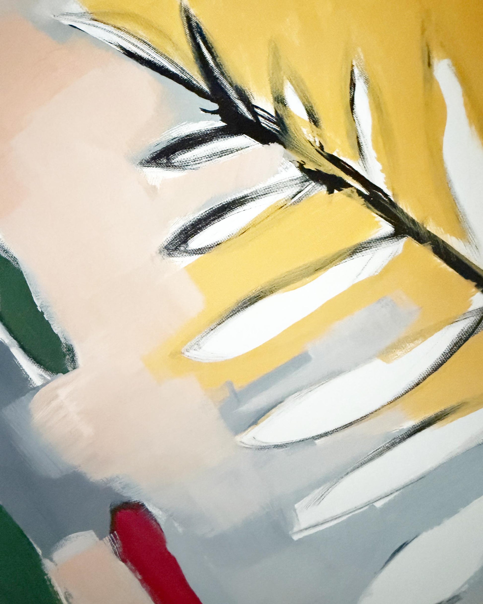 Abstract painting with expressive brushstrokes in yellow, white, gray, beige, green, and red, featuring organic leaf-like shapes and diagonal black outlines.