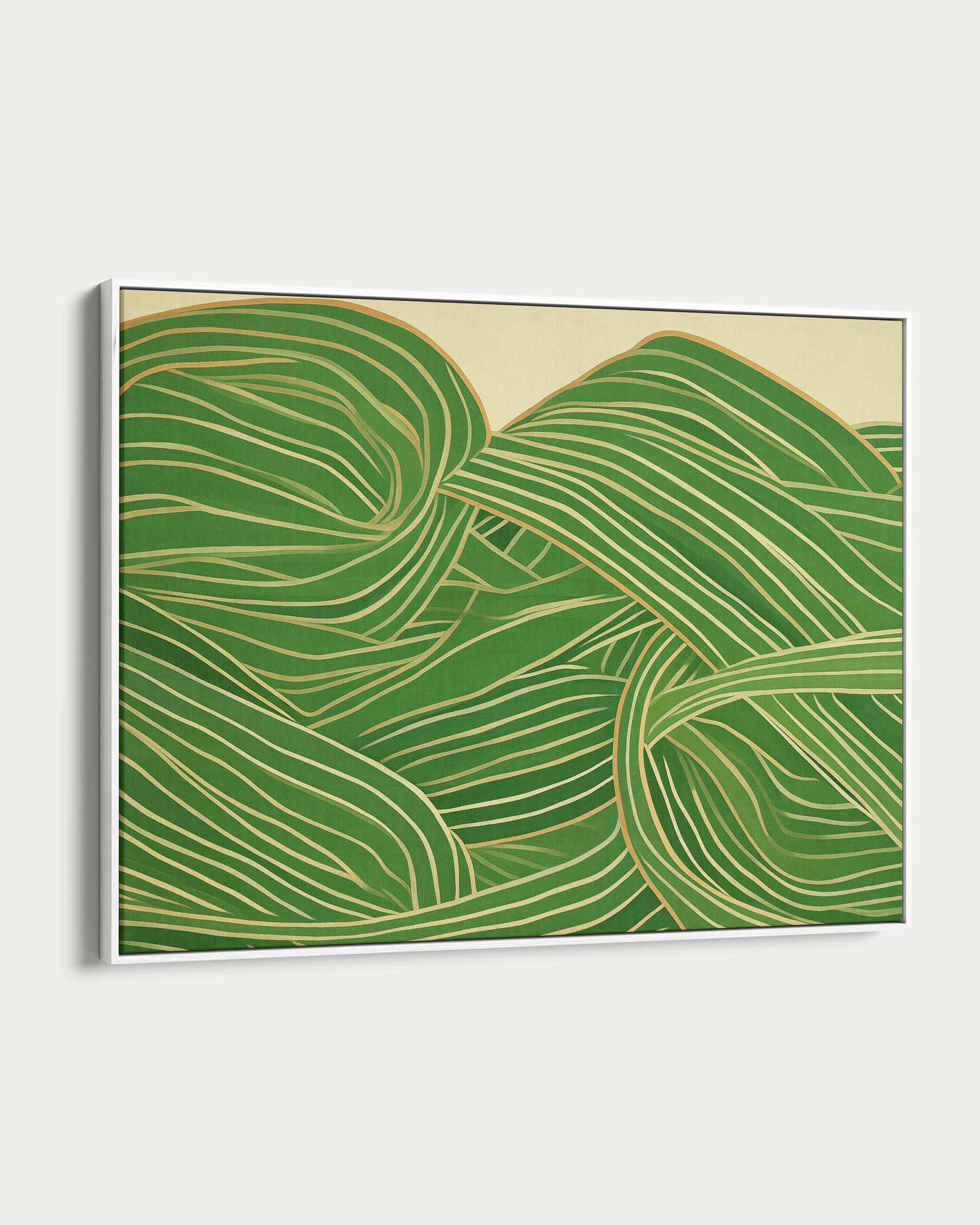 Abstract art piece with green and beige wavy lines on a white background